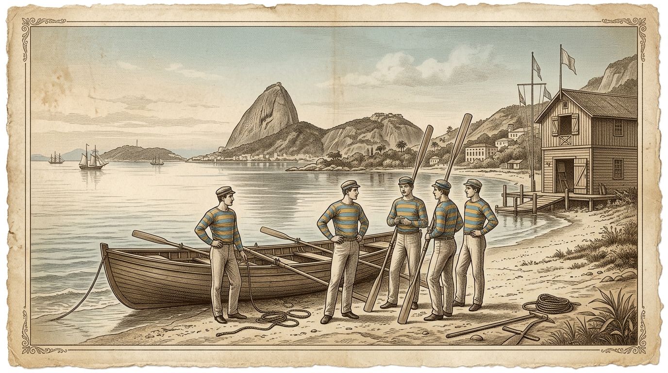 Ilustração (não é fotografia). Remadores da fundação, em 1895, com camisas de listras horizontais azul e ouro, as cores originais, diante da enseada com o Pão de Açúcar. É cena imaginada, e o barco e a garagem são ilustrativos.