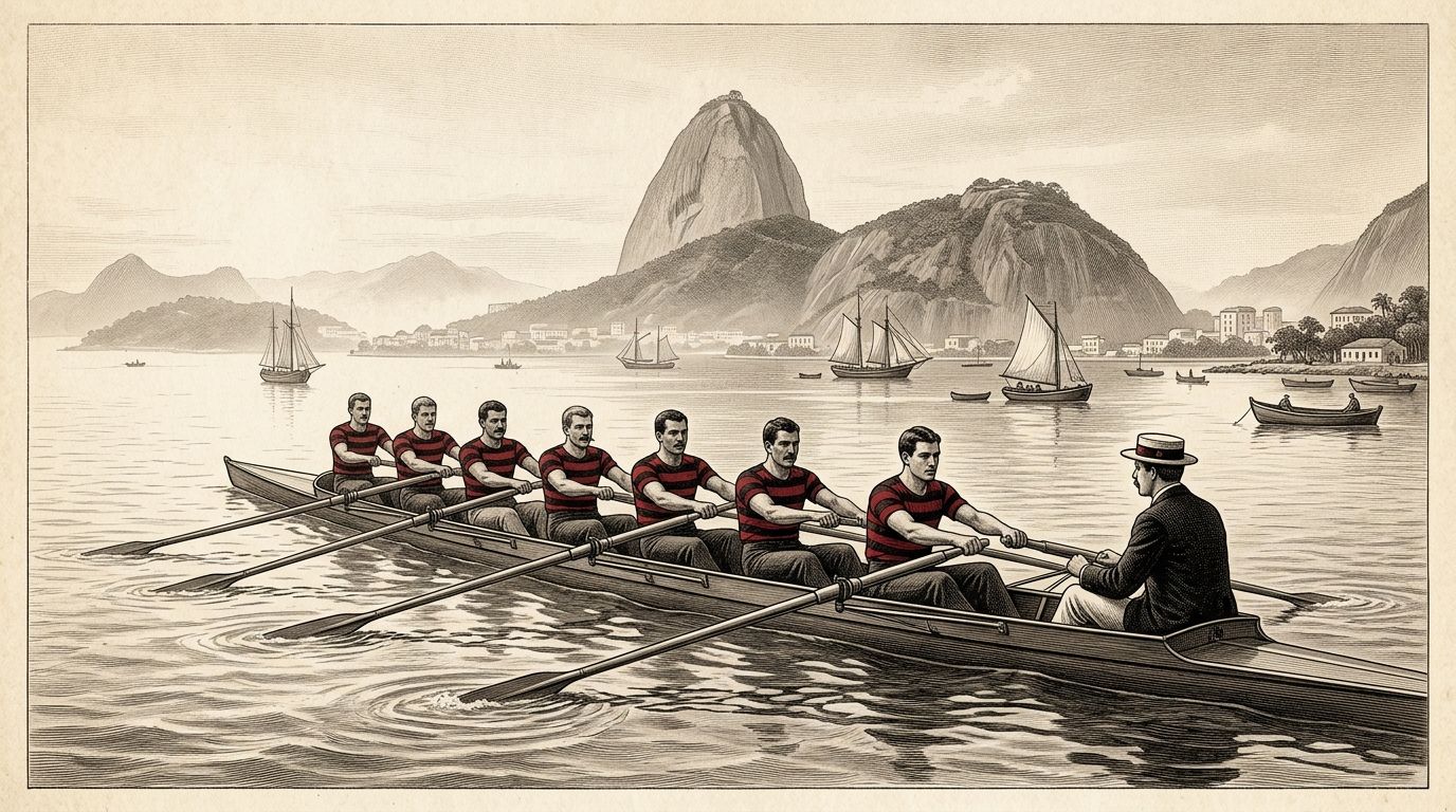 Ilustração (não é fotografia). Imagem reutilizada de 1897, uma cena genérica de guarnição rubro-negra na Baía de Guanabara. Não retrata as regatas vencidas em 1899, e a camisa listrada é interpretação artística.