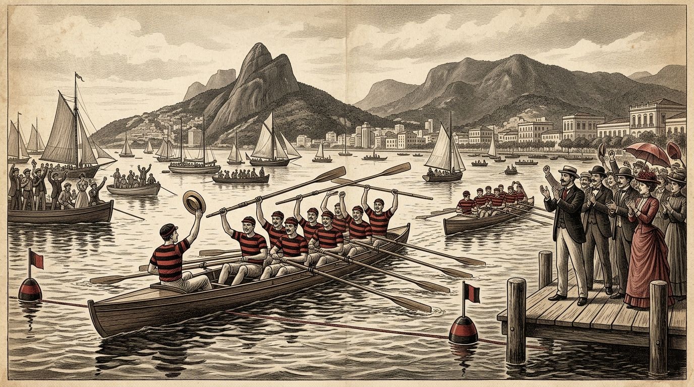 Ilustração (não é fotografia). Cena alegórica de comemoração de regata em 1898, ano da primeira vitória do Flamengo no remo (5/6/1898, com a Irerê, segundo a cronologia do clube). O barco desenhado NÃO reproduz a Irerê, uma baleeira a dois remos. O Museu Flamengo registra ainda que uma vitória de 1898 no campeonato da União de Regatas Fluminense foi anulada após recurso do Icarahy.