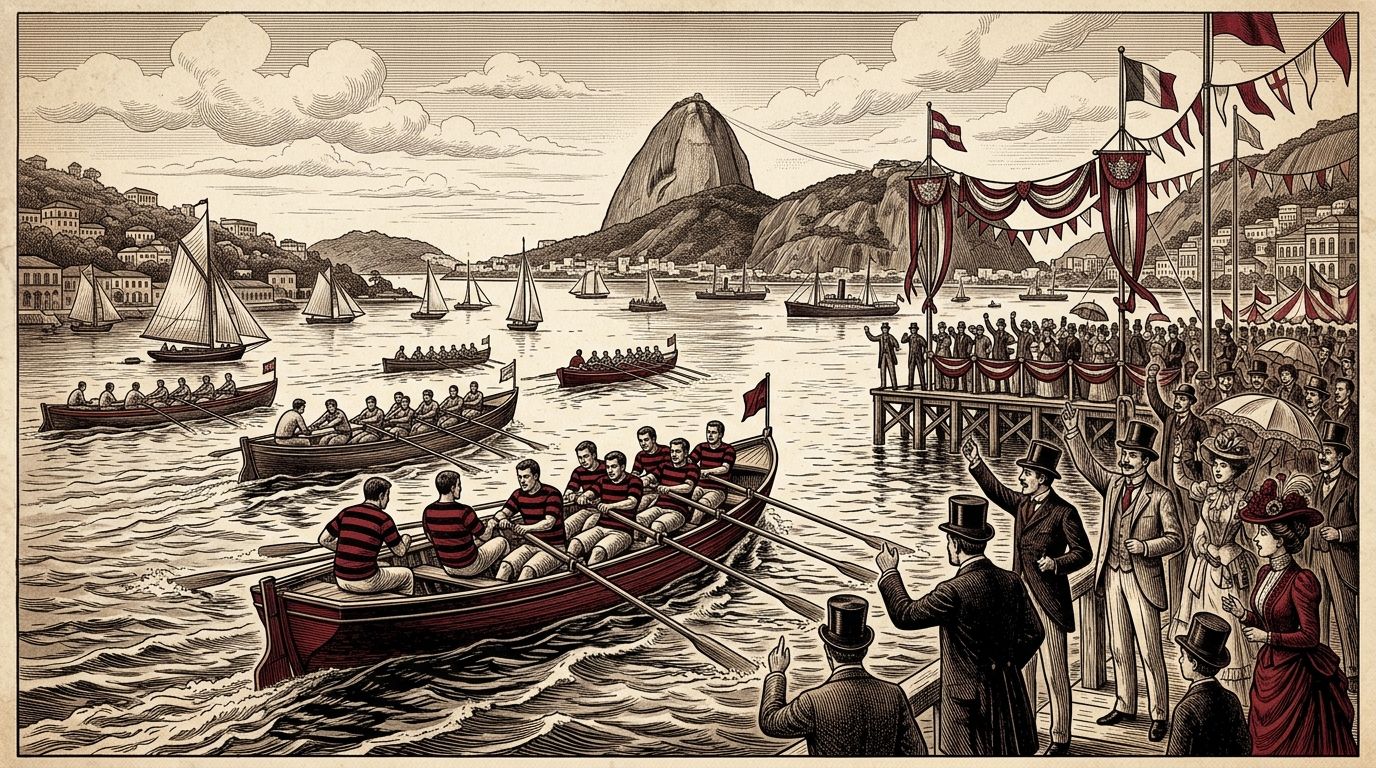 Ilustração (não é fotografia). Cena imaginada da Regata do IV Centenário do Descobrimento, em 6/5/1900, na Enseada da Glória, vencida pelo Flamengo, que levou o Troféu Jarra Tropon. Público, bandeiras e barcos são ilustrativos, e a camisa listrada é interpretação artística.