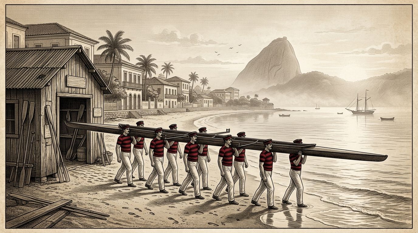Ilustração (não é fotografia). Cena genérica de remadores levando um barco da garagem para a água, em Botafogo, no início do século XX. Não retrata um fato específico deste ano, e as listras rubro-negras da camisa são interpretação artística, porque o desenho real não é documentado.