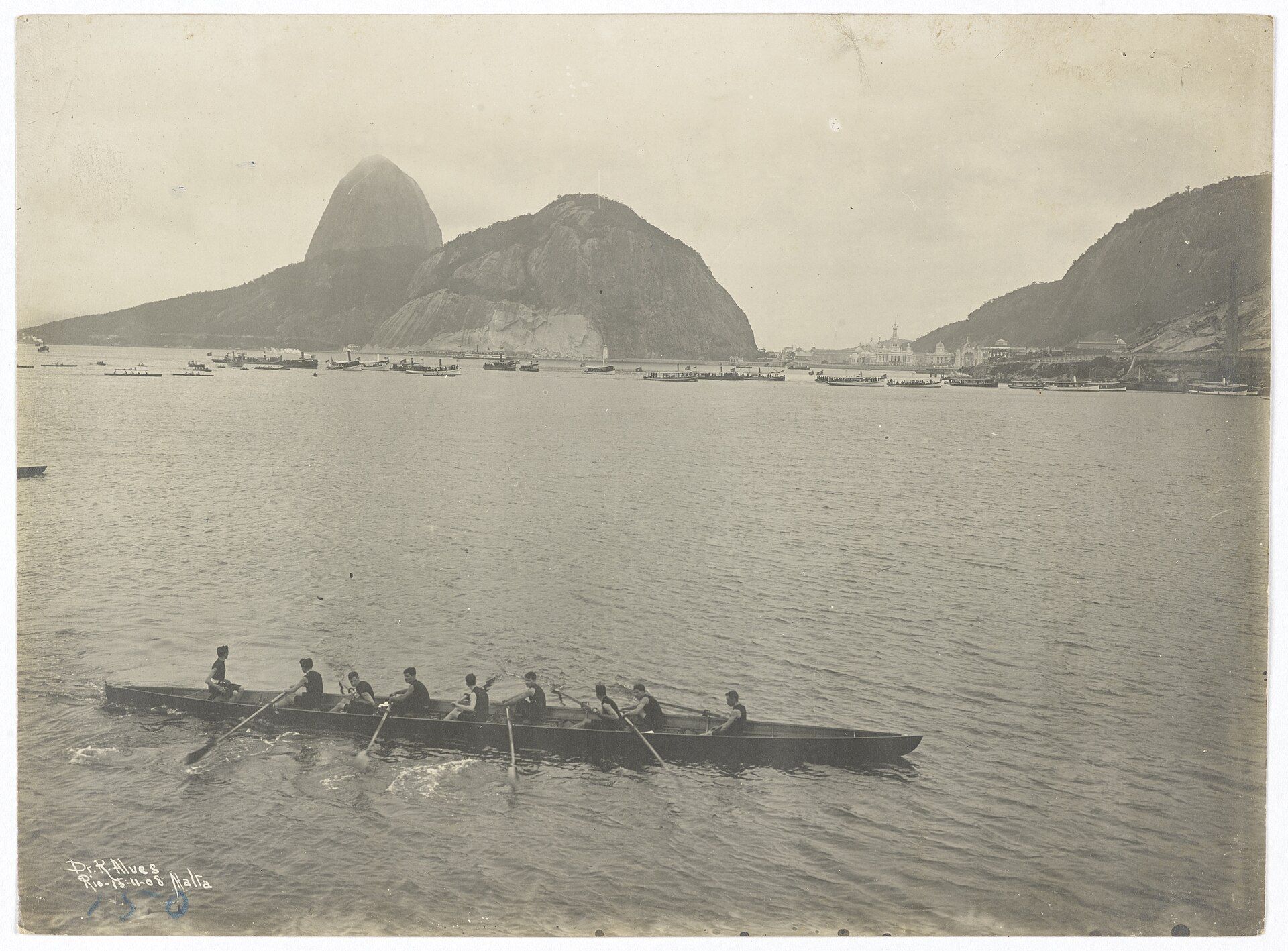 Competição de remo na enseada de Botafogo. A inscrição na imagem traz 'Dr. R. Alves', 'Rio 15-11-08' e a assinatura 'Malta'. A foto não identifica o clube da guarnição e entra aqui como retrato das regatas cariocas de 1908.