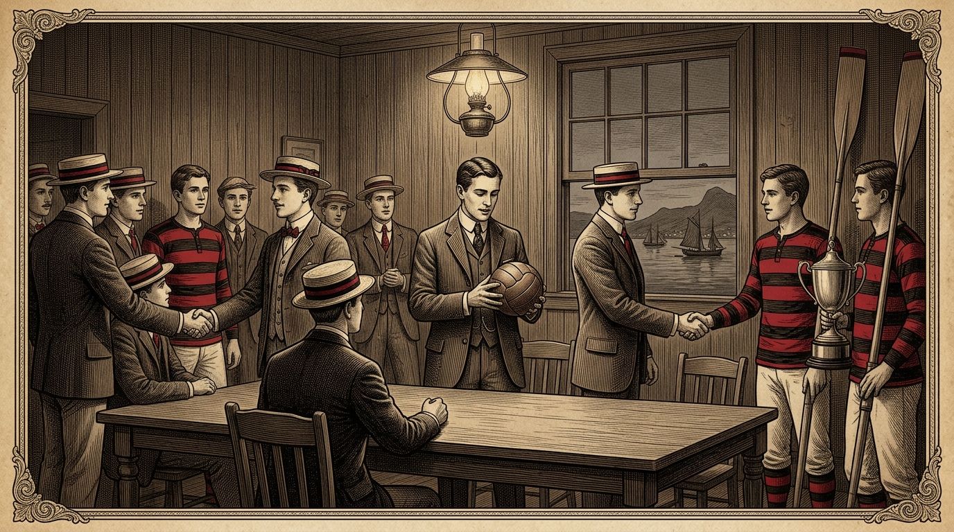 Ilustração (não é fotografia). Cena imaginada do encontro entre remadores rubro-negros e os dissidentes do Fluminense liderados por Alberto Borgerth, que levaram ao Flamengo, em 1911, a proposta de criar o departamento de futebol. Rostos, sala e objetos são ilustrativos.
