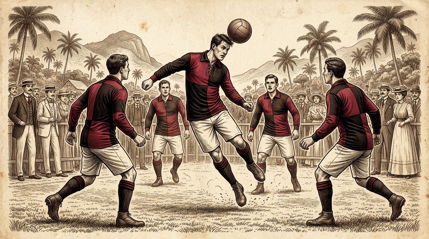 Ilustração (não é fotografia). Lance de jogo de 1913 com a camisa 'Papagaio de Vintém' em quartos vermelhos e pretos, usada até 18/11/1913. Adversários, público e campo são ilustrativos.