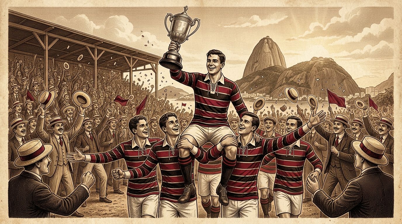 Ilustração (não é fotografia). Comemoração imaginada do bicampeonato carioca de 1915, com a camisa 'Cobra Coral' (listras vermelhas e pretas com frisos brancos). O título foi confirmado em 31/10/1915 com 5x1 sobre o Bangu, na inauguração do campo da Rua Paysandu. Troféu, arquibancada e personagens são ilustrativos.