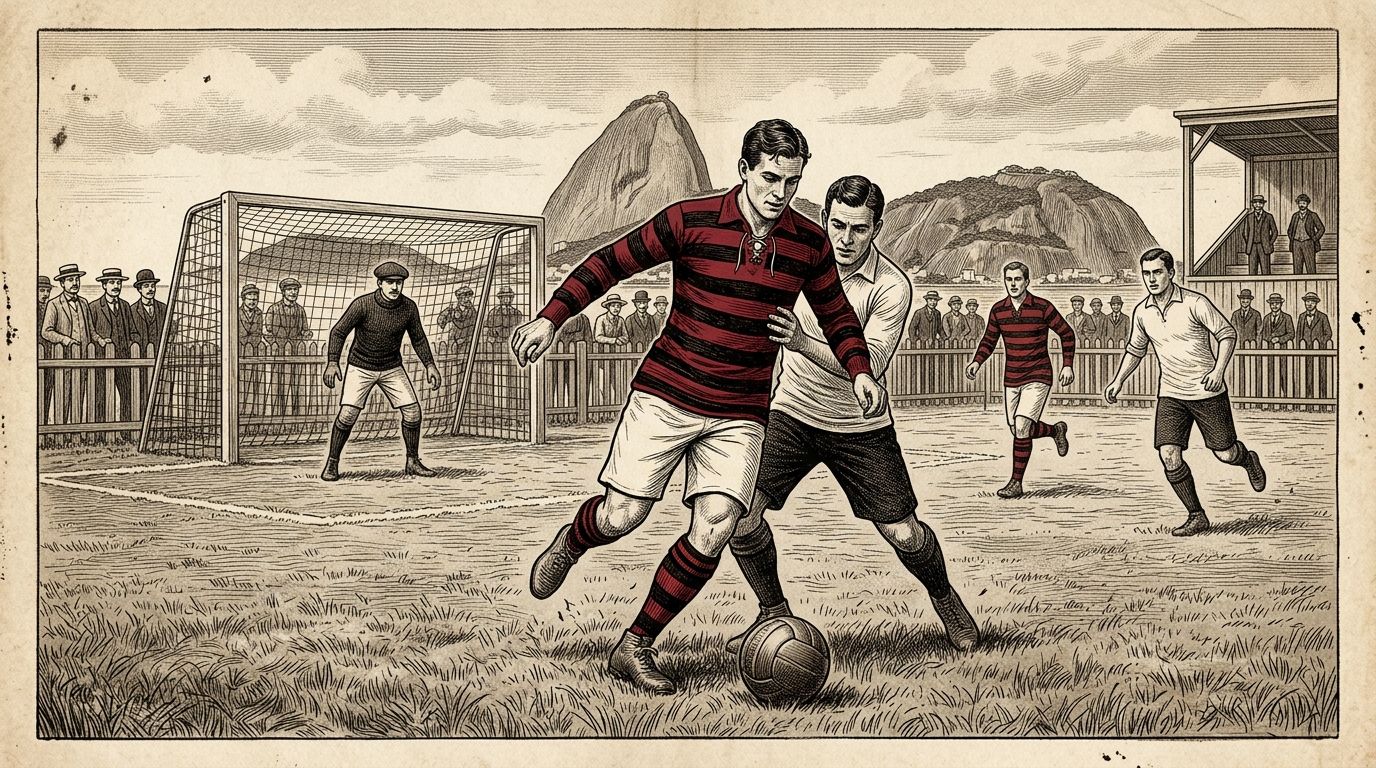 Ilustração (não é fotografia). Imagem reutilizada, uma cena genérica de 1917–1919 com a camisa listrada rubro-negra. Não retrata uma partida específica de 1918, ano em que a gripe espanhola parou o campeonato entre outubro e dezembro.