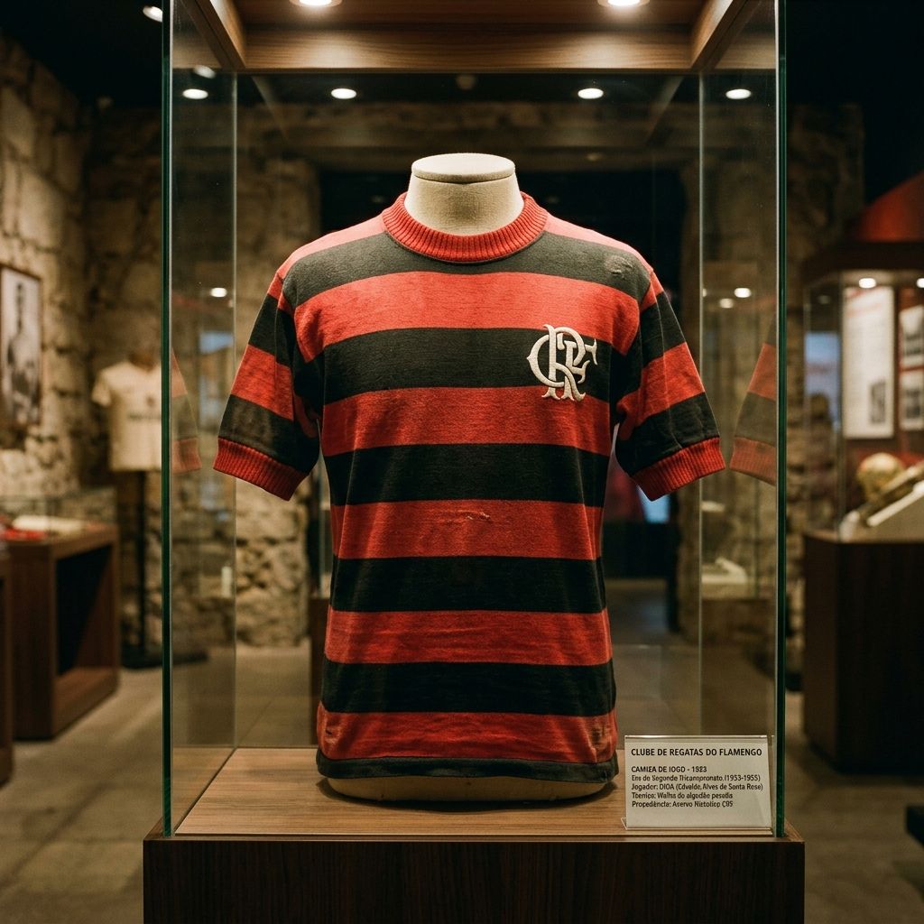 Ilustração artística do manto rubro-negro de 1953 — representação gerada por IA, não é fotografia de peça original.