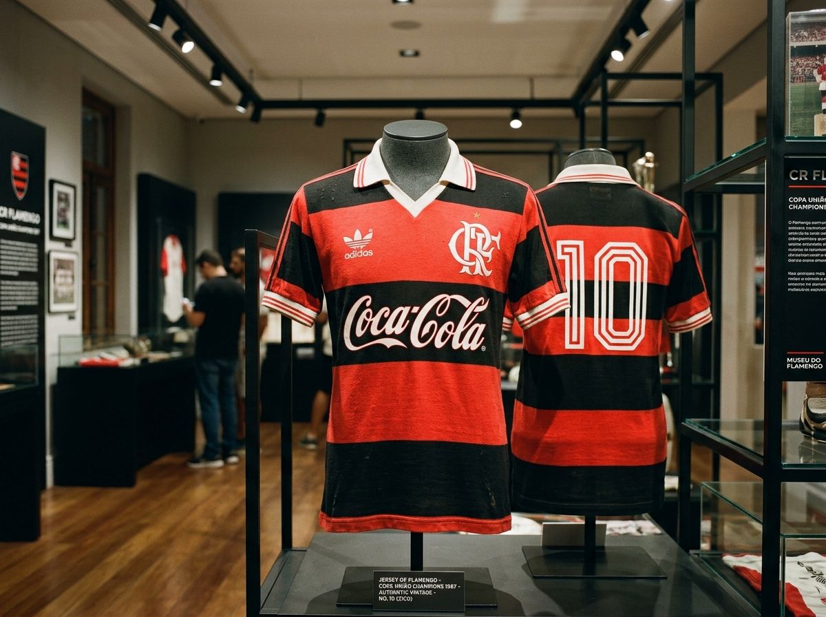 Ilustração artística do manto rubro-negro de 1987 — representação gerada por IA, não é fotografia de peça original.