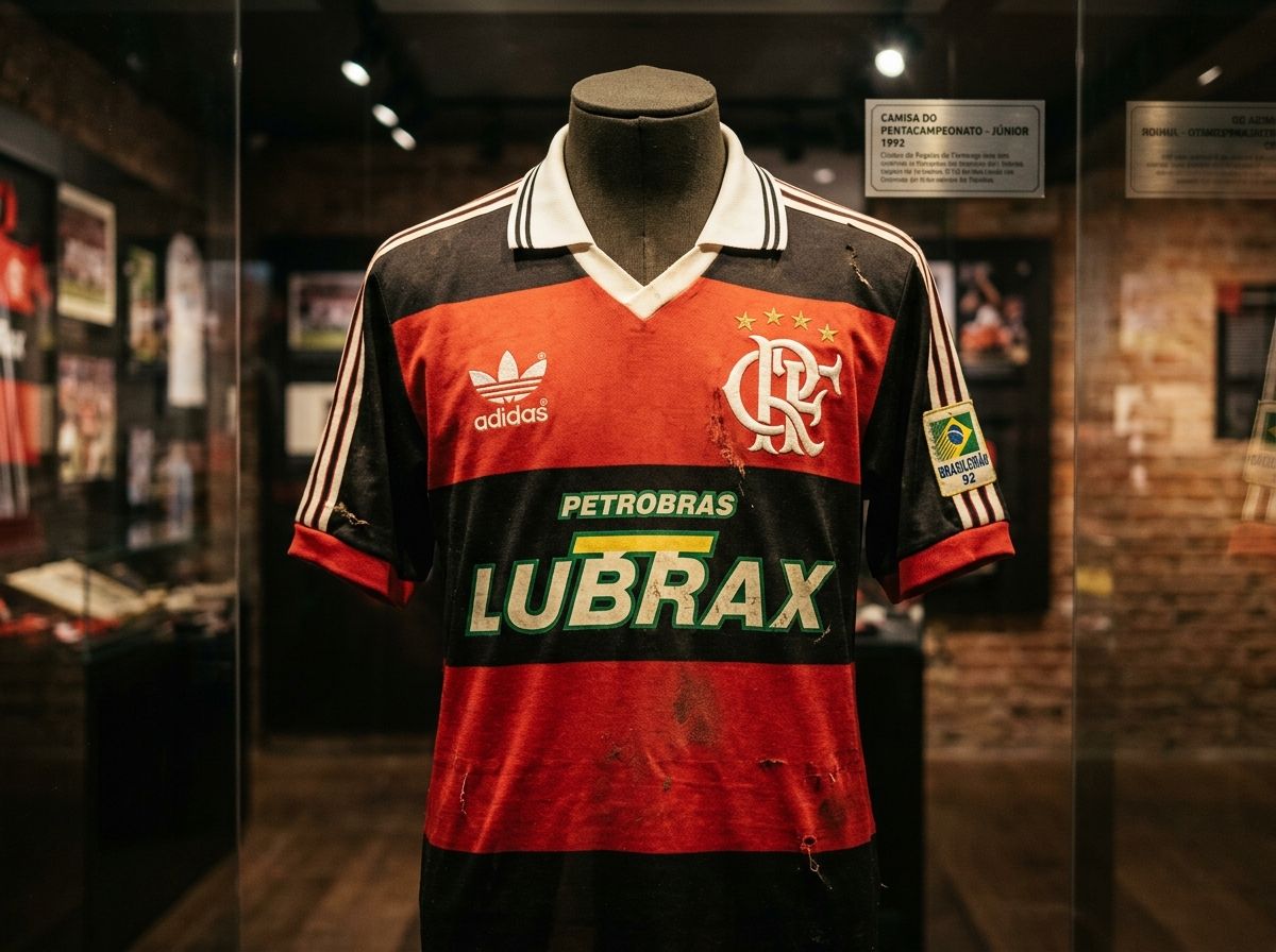 Ilustração artística do manto rubro-negro de 1992 — representação gerada por IA, não é fotografia de peça original.