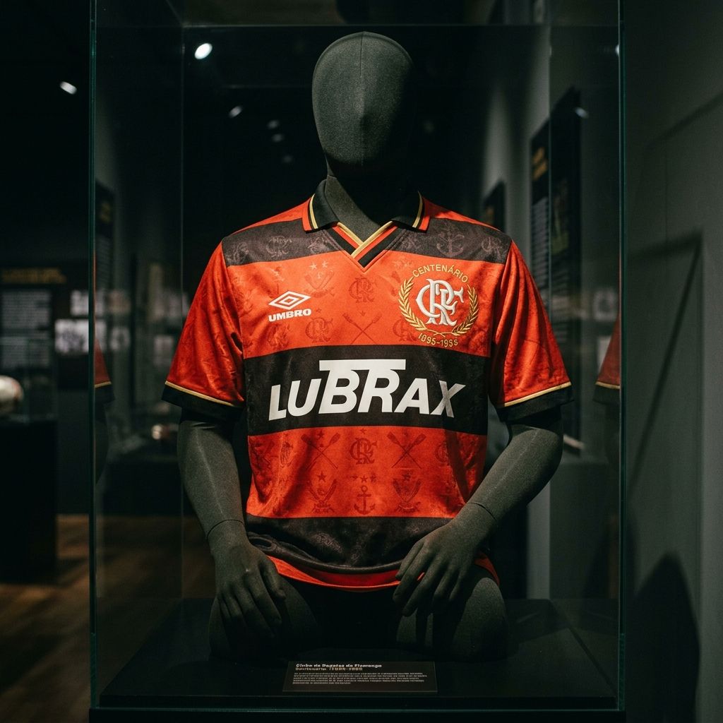 Ilustração artística do manto rubro-negro de 1995 — representação gerada por IA, não é fotografia de peça original.