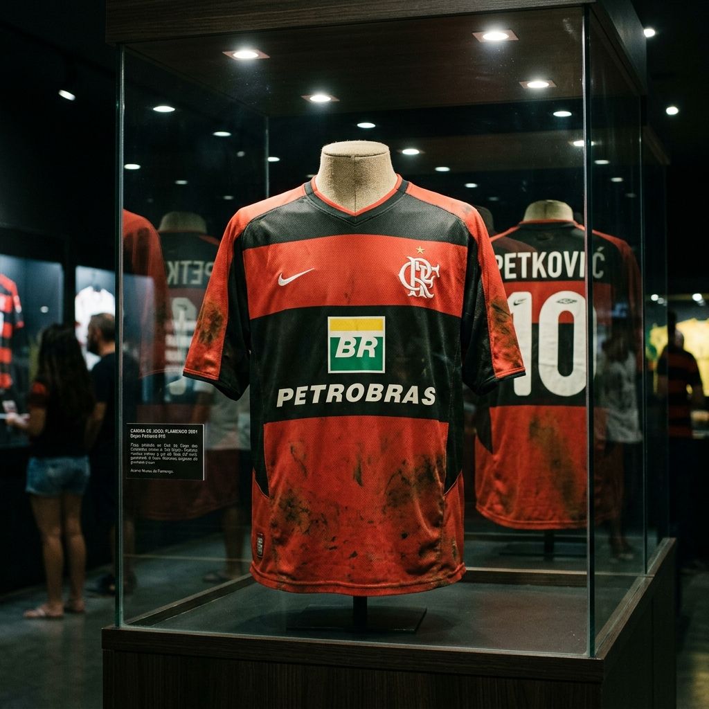 Ilustração artística do manto rubro-negro de 2001 — representação gerada por IA, não é fotografia de peça original.